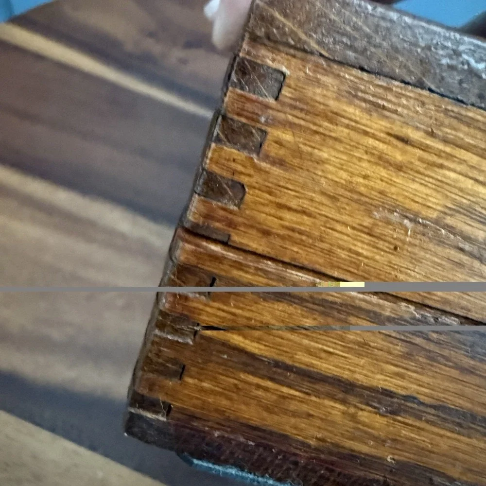 Antique Oak Sewing Notions Box Finger Joint Push Button Velvet Lined 8.5